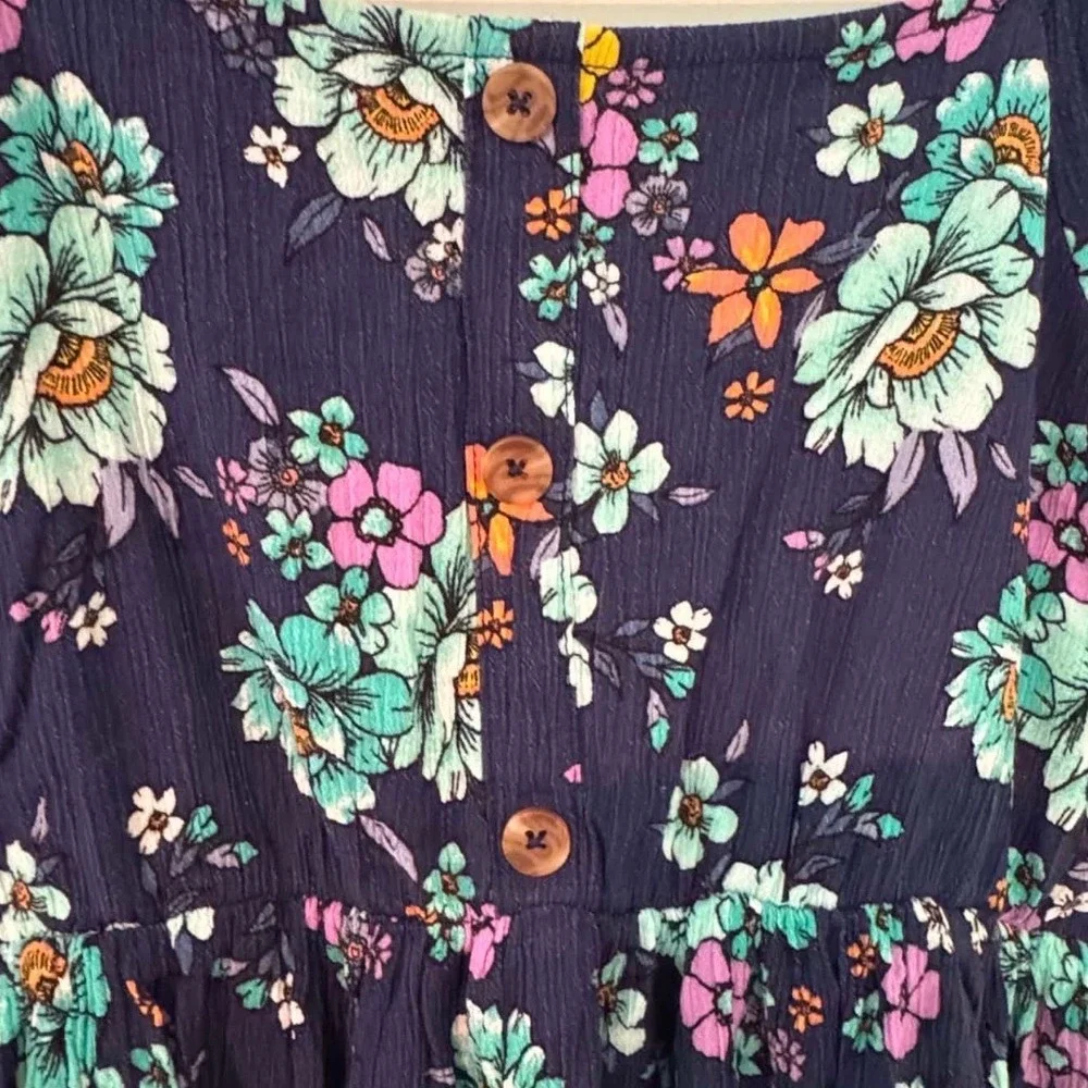 Justice Floral‎ Dress Kids Size L 12/14 Navy Blue Excellent Puff Sleeve Smocked